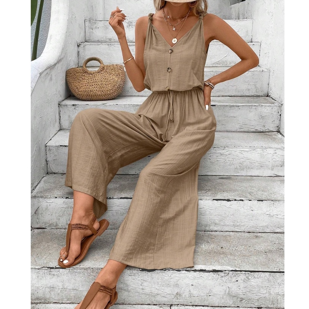 Solid Button Detail Wide Leg Casual Jumpsuit - image 4